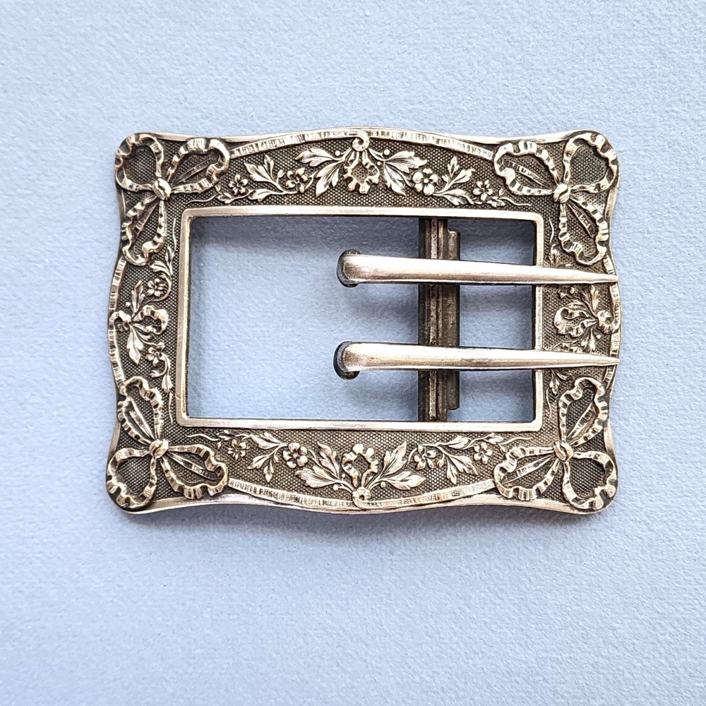 Antique Victorian Art Nouveau Silver Plate Sash Belt Buckle Ornate Floral Bows